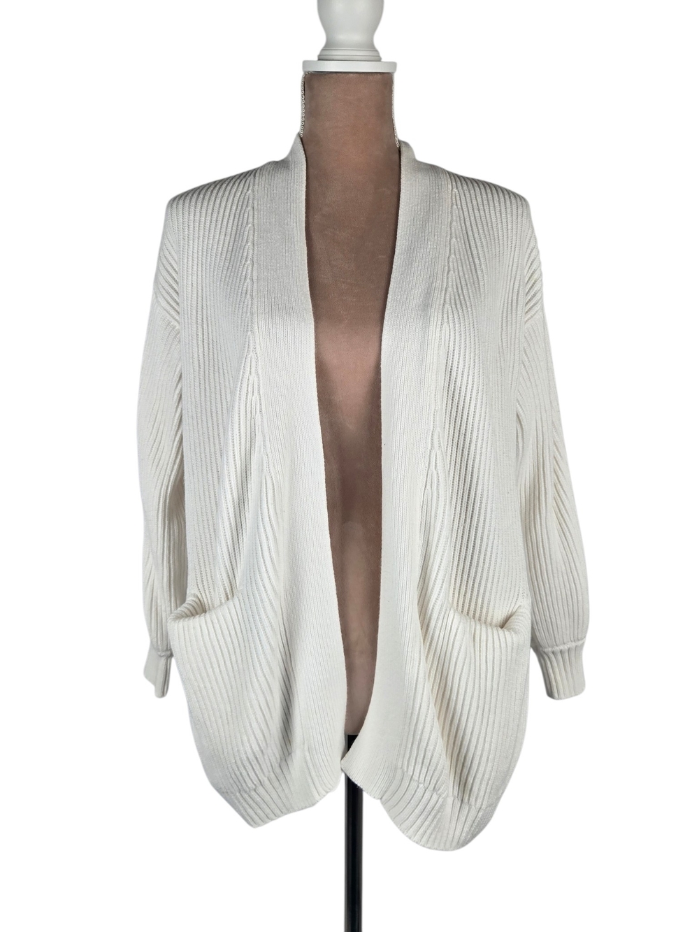 Quince Organic Cotton Oversized Cardigan Lantern Sleeve Ribbed Pockets White Sma